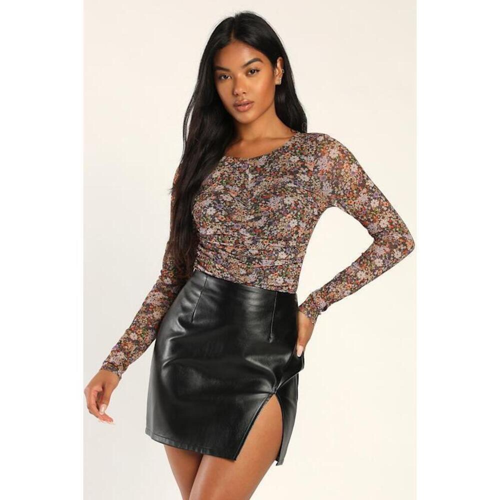 Lulus Everyday Luck Brown Floral Print Ruched Long Sleeve Bodysuit - Size S